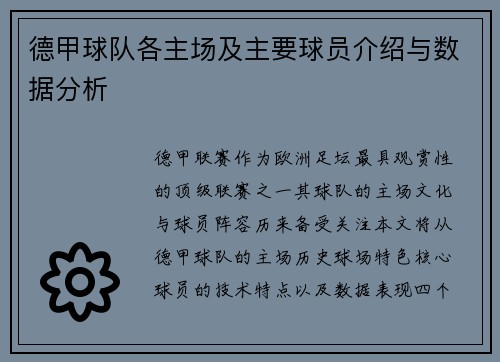 德甲球队各主场及主要球员介绍与数据分析