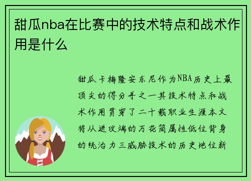 甜瓜nba在比赛中的技术特点和战术作用是什么