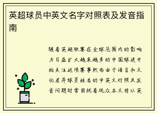 英超球员中英文名字对照表及发音指南